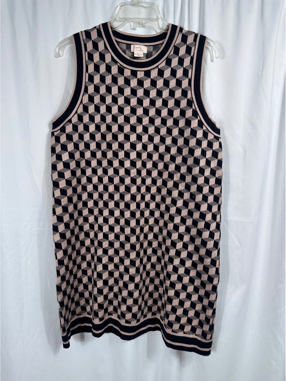 Camila Coelho Sleeveless Knit Dress in Black & Beige Geometric Pattern, Size L